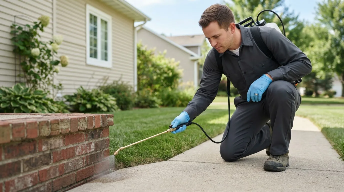 Pest control technician treating a home near Durand, WI